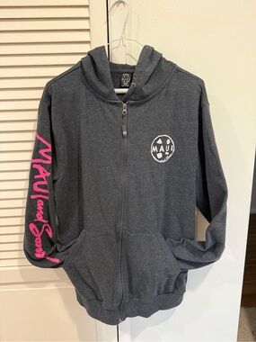 Maui and Sons Charcoal Zip Hoodie with Pink Sleeve Script Large